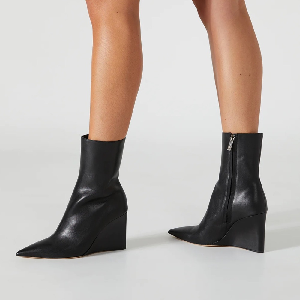 Tony Bianco Dasha black leather pointed toe wedge heel booties